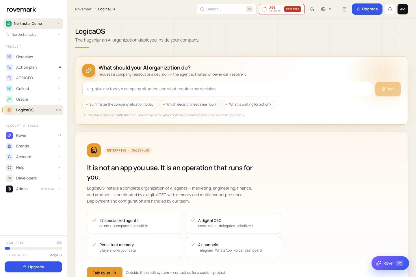 Offizieller Produktbildschirm von LogicaOS mit dem Demo-Unternehmen Northstar Labs